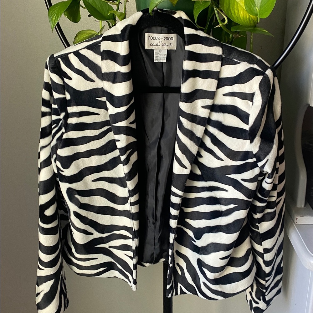 Vintage Focus 2000 Charles Glueck Zebra Print Faux Fur Blazer Jacket Size 10